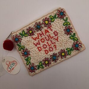 Handcrafed Beaded Coin Purse “What Would Dolly Do?” Floral Zipper Pouch Pom Pom